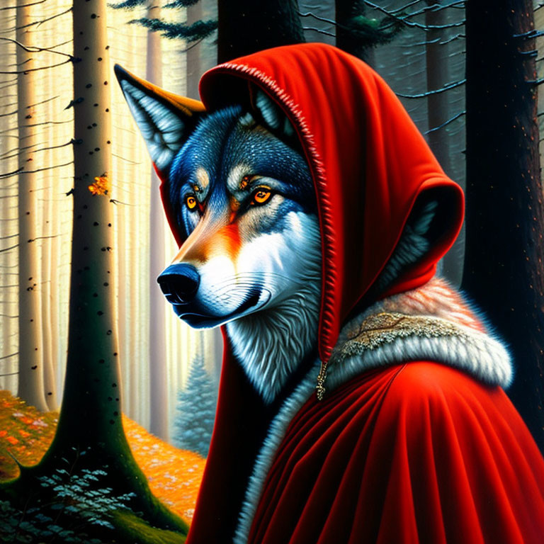 Illustration of wolf with human-like features in red cloak in forest