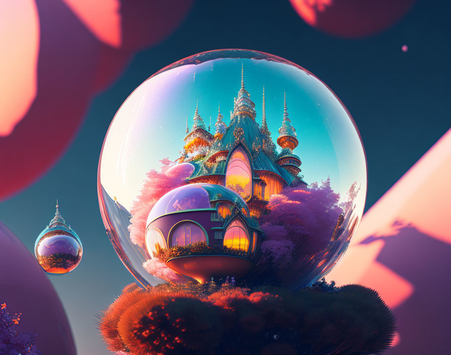 Fantastical digital artwork: Floating orbs, intricate buildings, lush trees, pastel sky, large