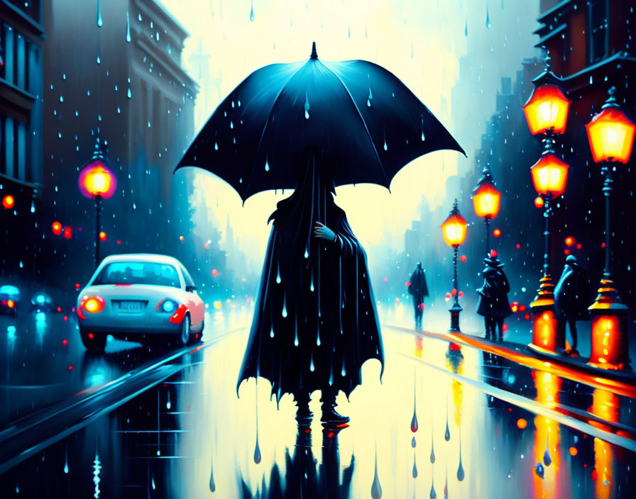 Pedestrian with umbrella on rainy night street under colorful lights.