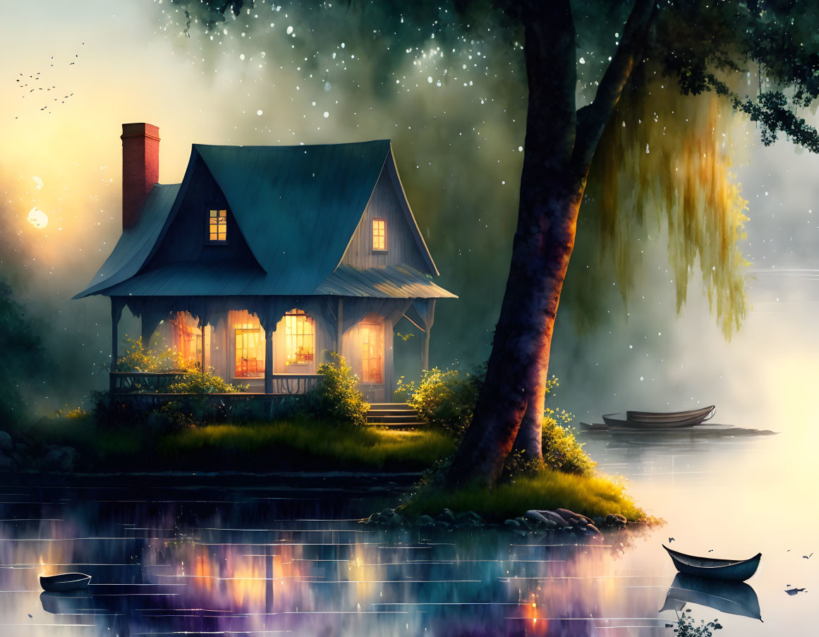 Tranquil lakeside cottage at dusk with warm lights, boat, and starry sky