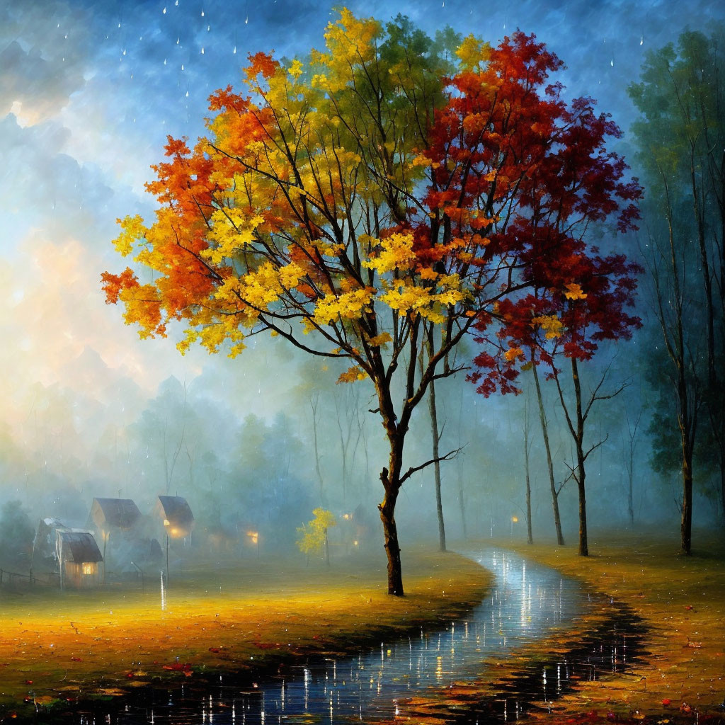 Vibrant multicolored autumn tree by reflective water path in hazy golden-lit sky