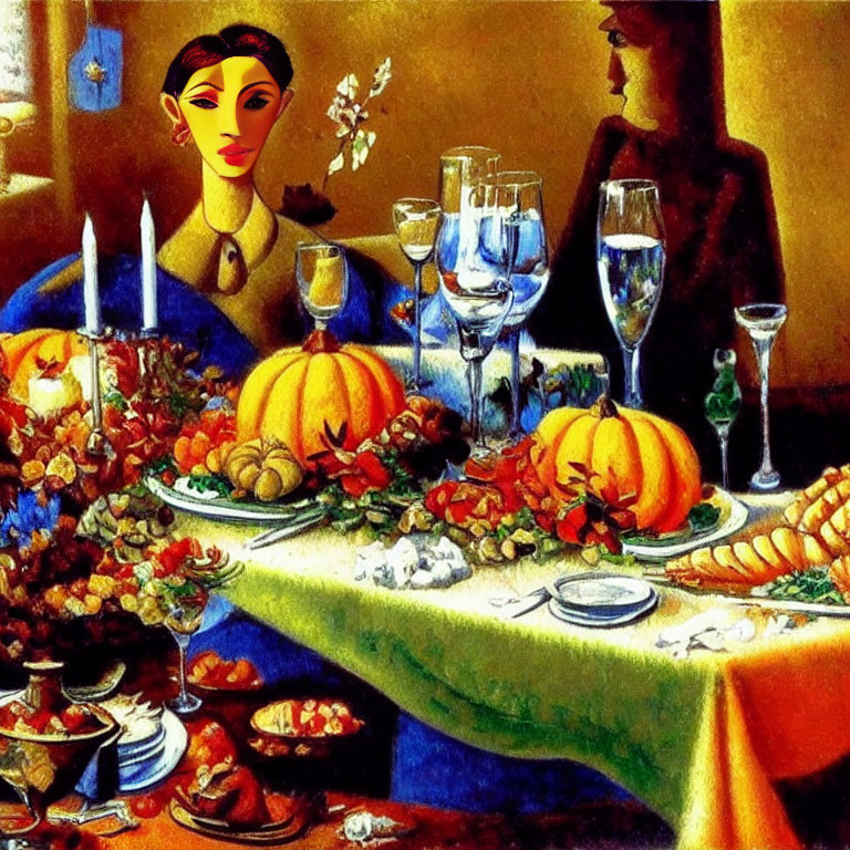 Abundant Feast with Pumpkins, Fruits, Lobsters, and Woman in Warm Ambiance