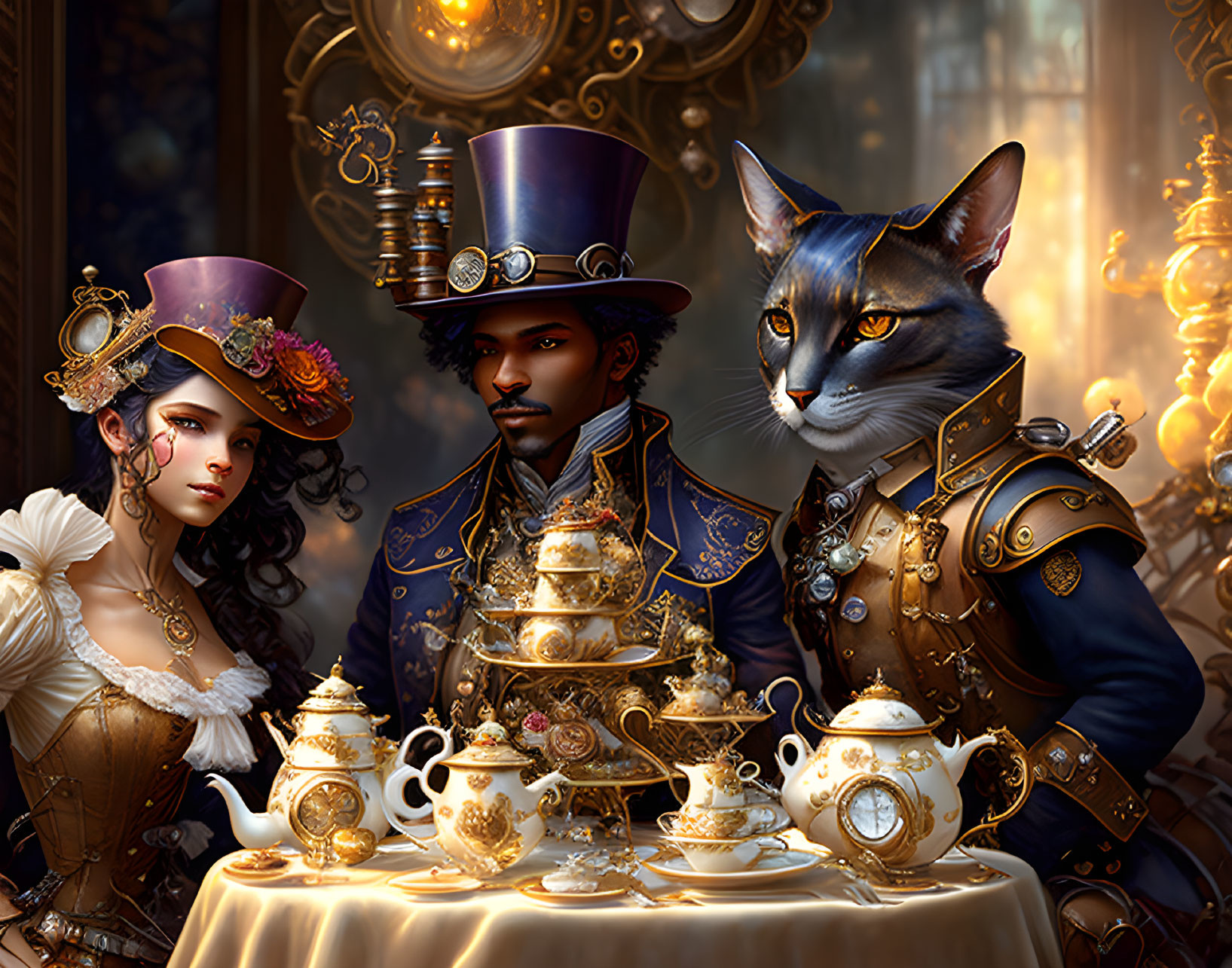 Victorian attire couple with steampunk cat at ornate tea setting