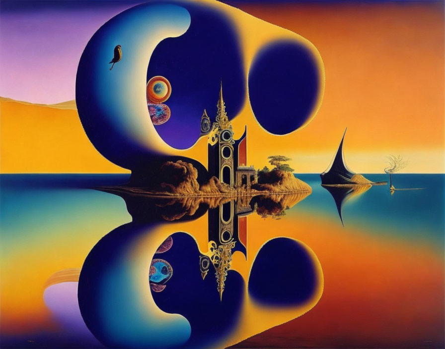 Surreal landscape with large number eight, reflective water, floating island, castle, vivid sunset,