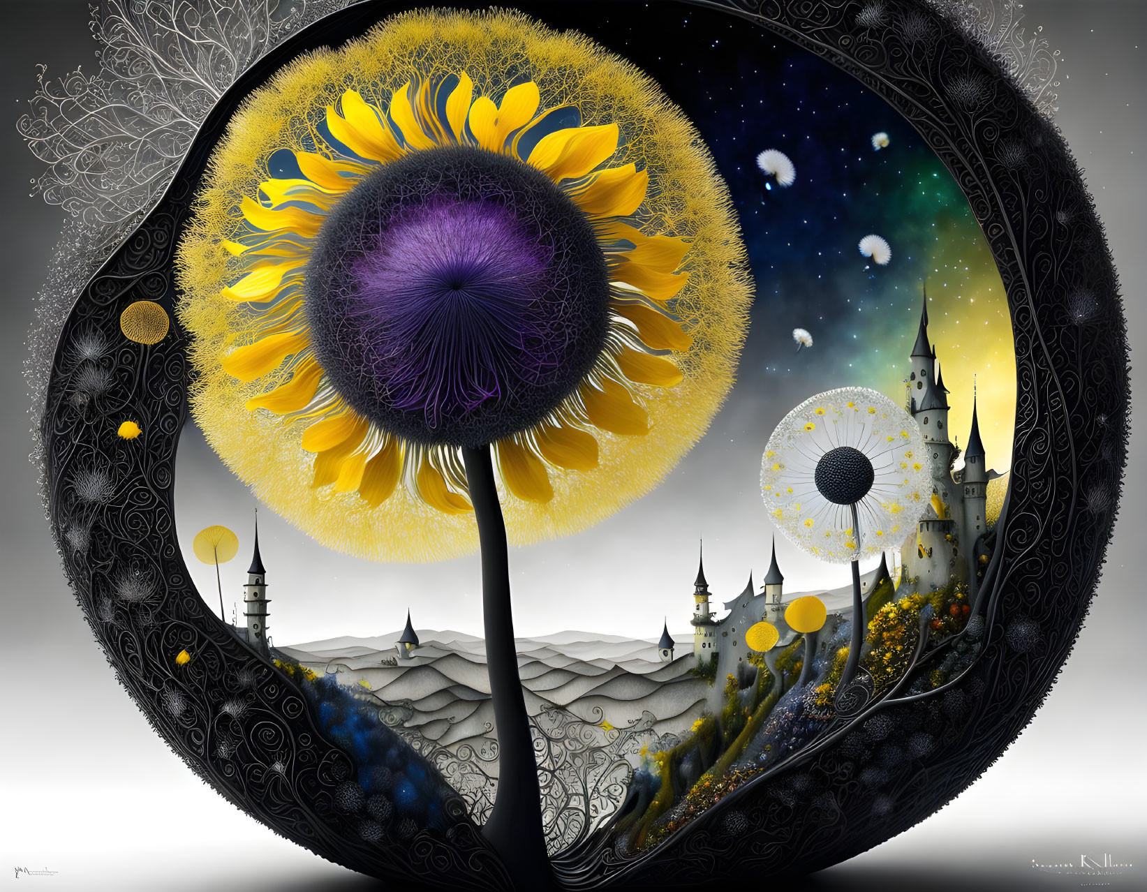 Whimsical artwork: Sunflower blended with cosmic and fantasy elements