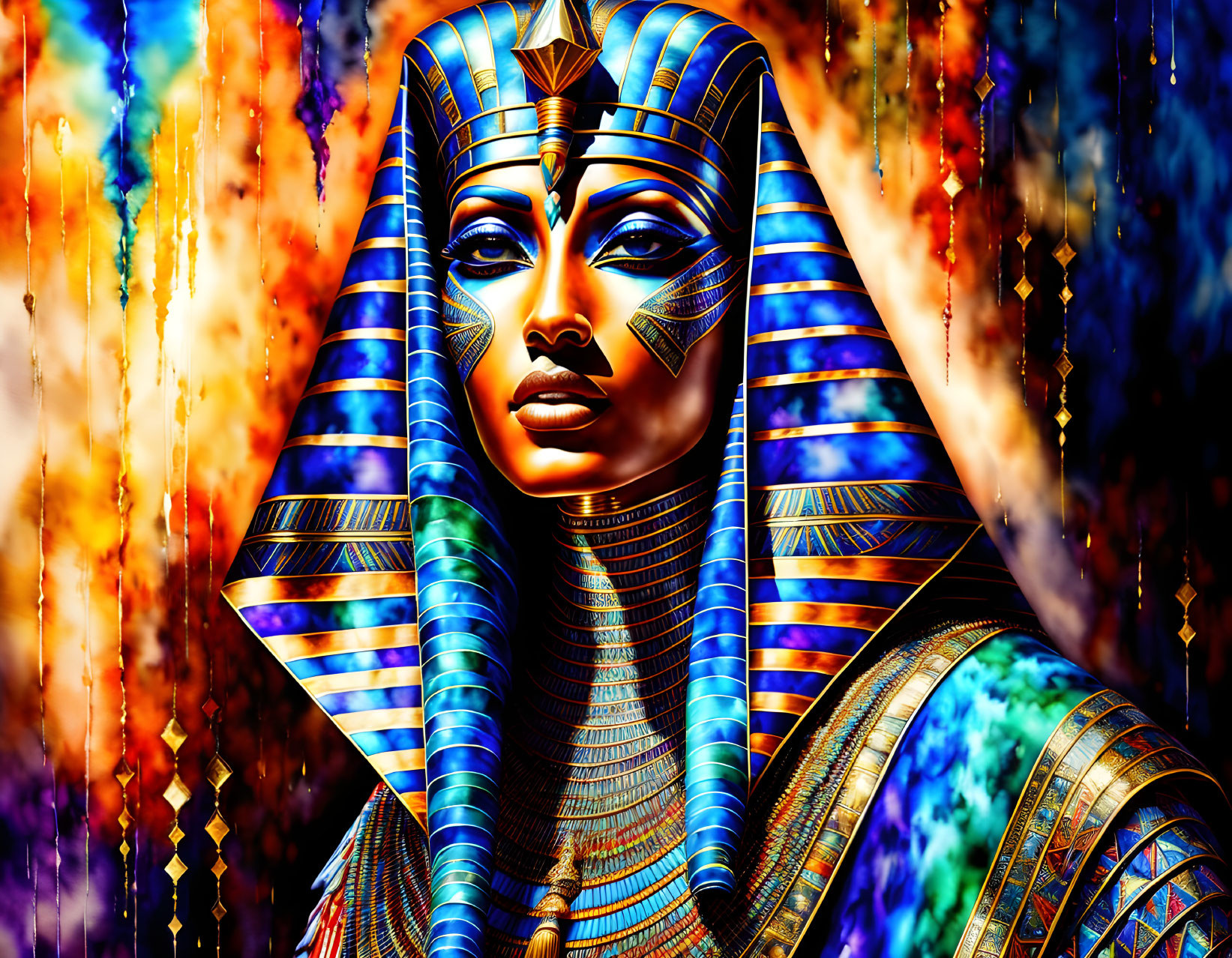 Egyptian Pharaoh Artwork with Blue and Gold Colors on Colorful Background