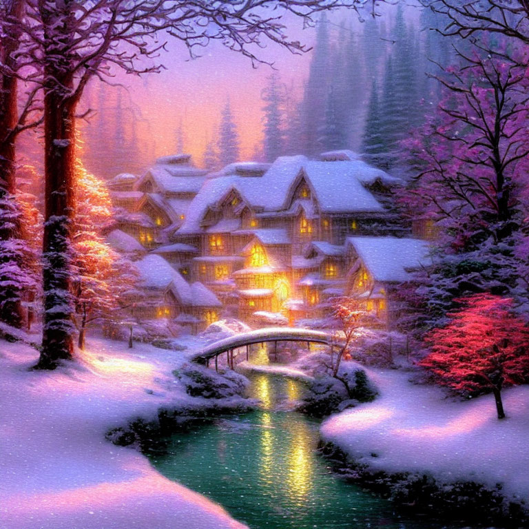 Snow-covered village with warm lights and bridge over stream.