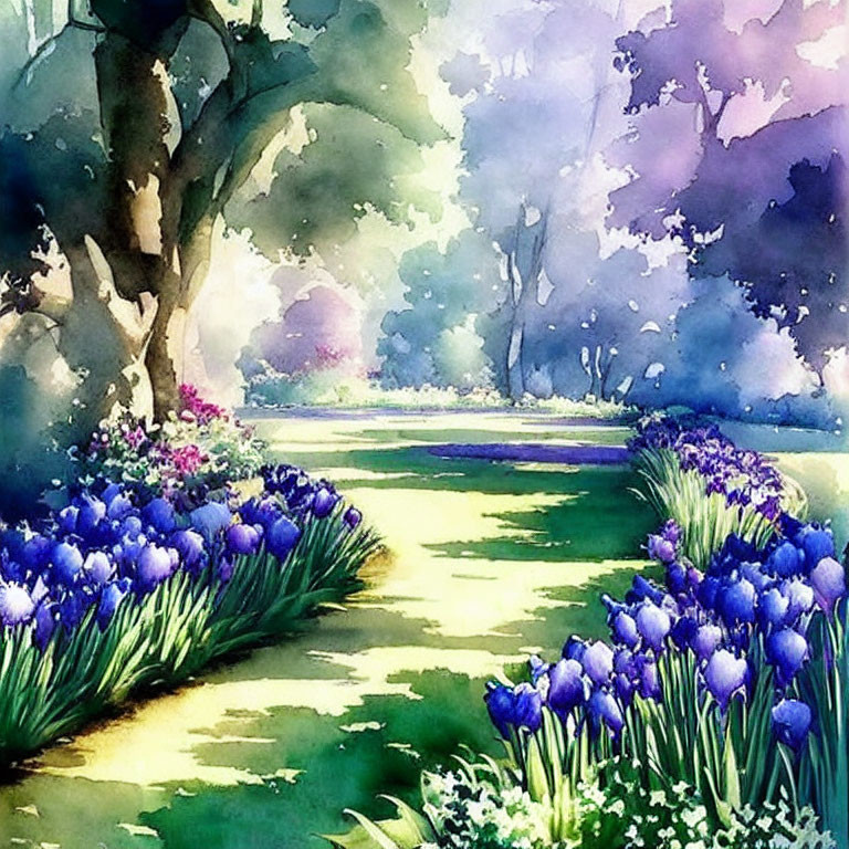 Serene garden path with vibrant purple flowers in watercolor