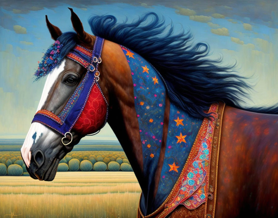Colorful Painted Horse with Jeweled Mane in Rural Landscape