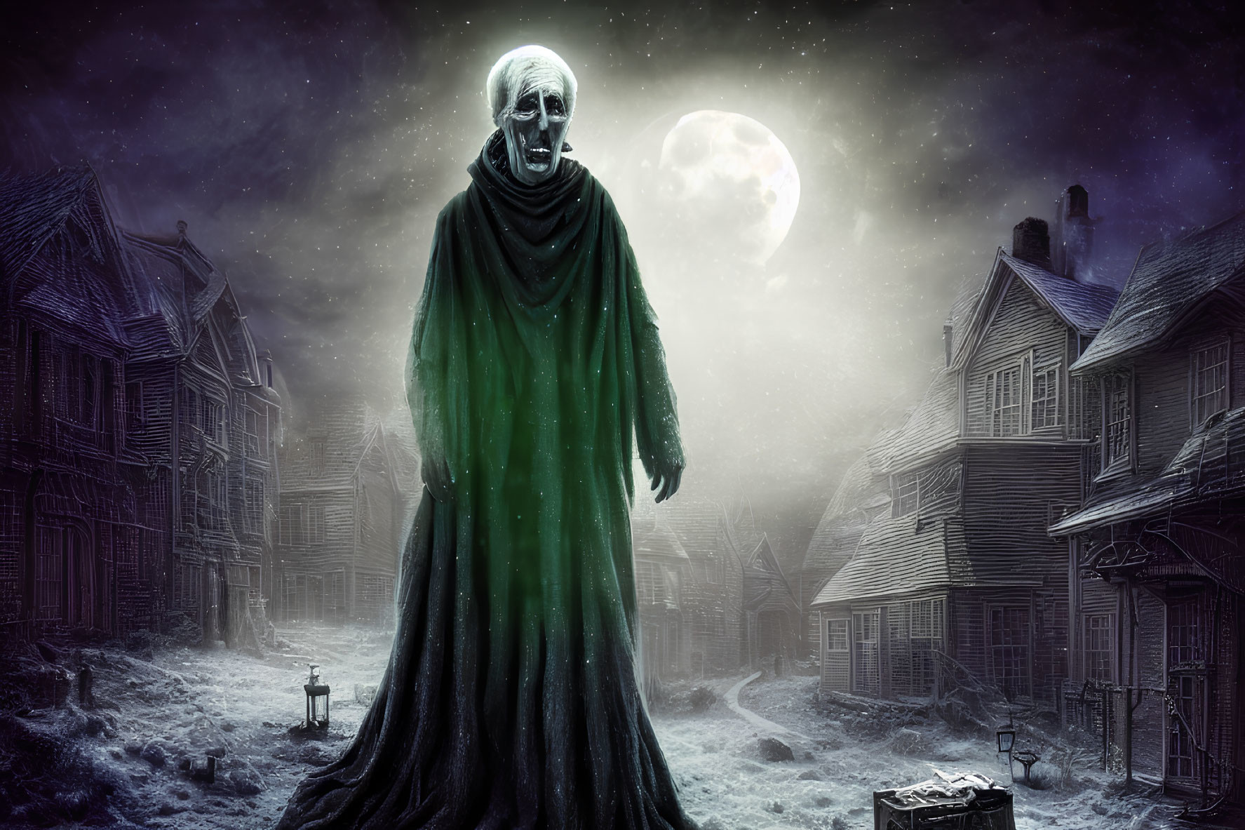 Ghostly figure in dark cloak on snowy Victorian street at night