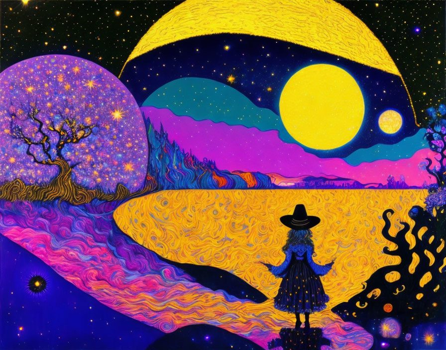 Person in hat in vibrant psychedelic landscape with moon and whimsical trees