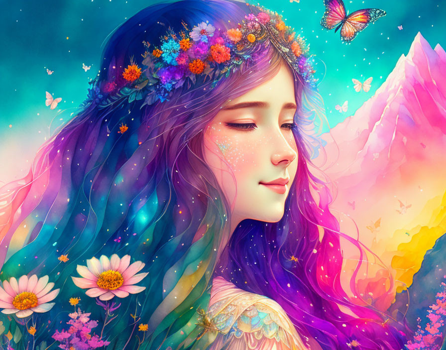 Colorful artwork of woman with purple hair and butterfly in mountain setting