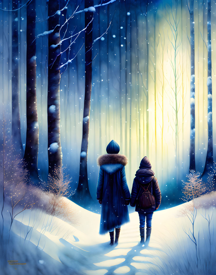 Couple walking in snowy forest with glowing light and falling snowflakes