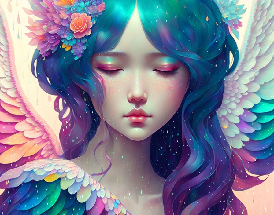 Fantasy creature with teal hair, closed eyes, and colorful bird-like wings