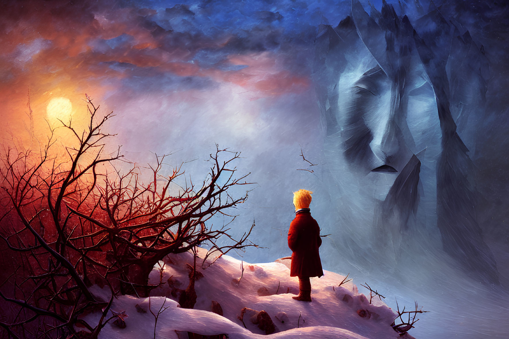 Child in red coat on snowy hill near face-shaped mountain under dramatic sunset.