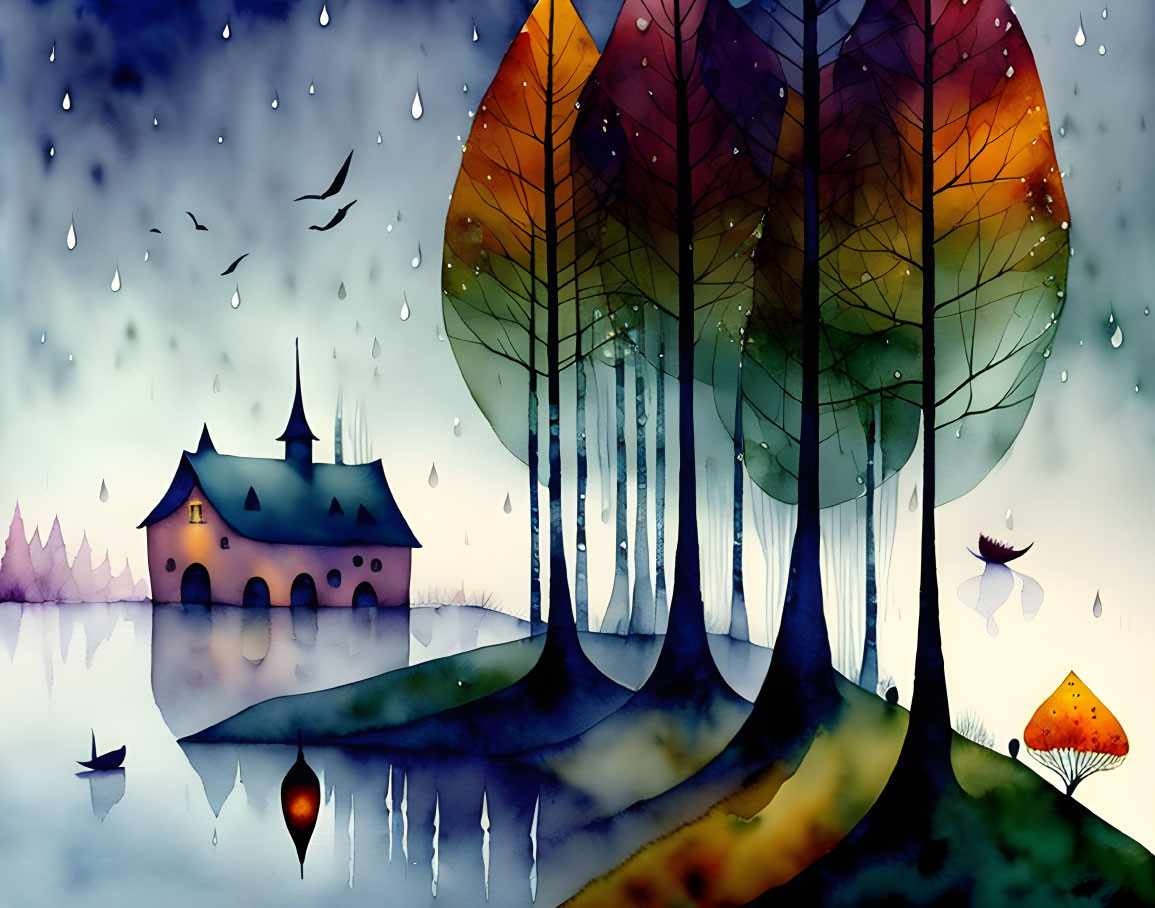 Colorful watercolor painting of serene landscape with trees, house, birds, and rain shower.