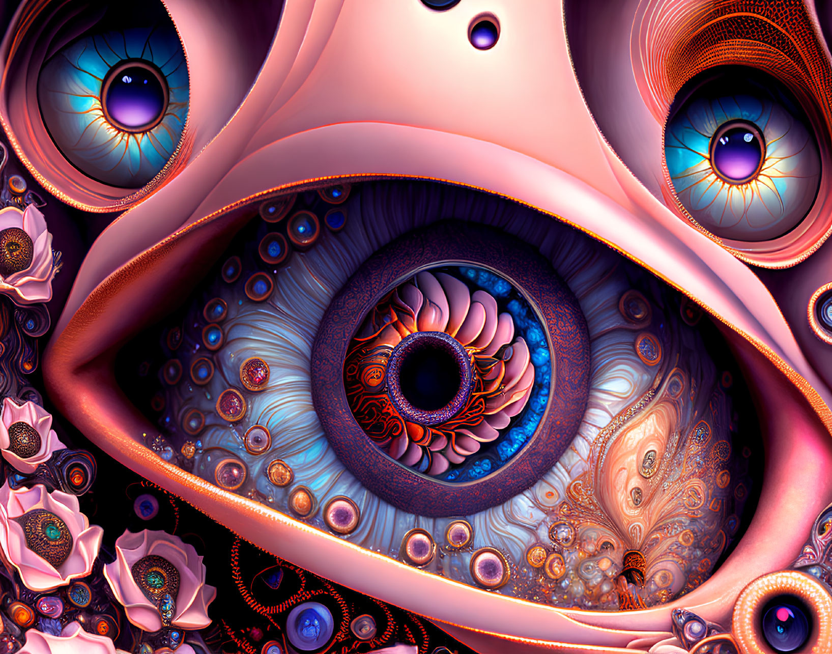 Colorful fractal art with eye-like patterns and intricate details in warm and cool hues.