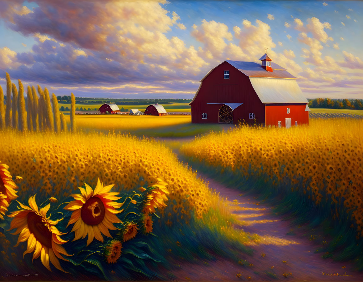 Scenic rural painting with red barn, sunflowers, and dramatic sunset sky