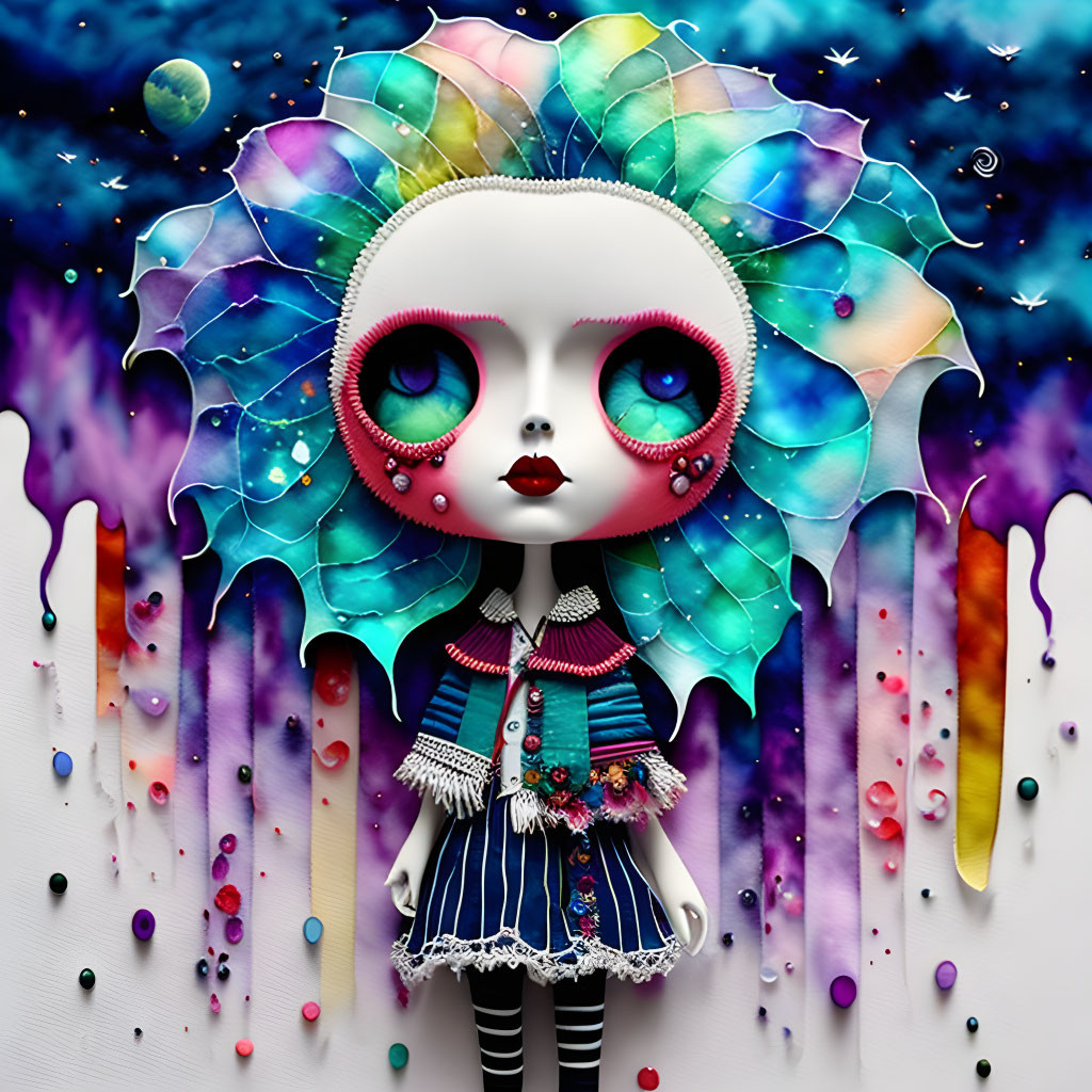 Colorful doll-like figure with large eyes in fantastical setting.