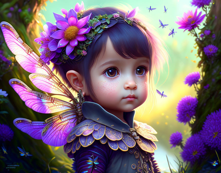 Child with fairy wings in flower crown and armor, surrounded by flowers and dragonflies in glowing setting.