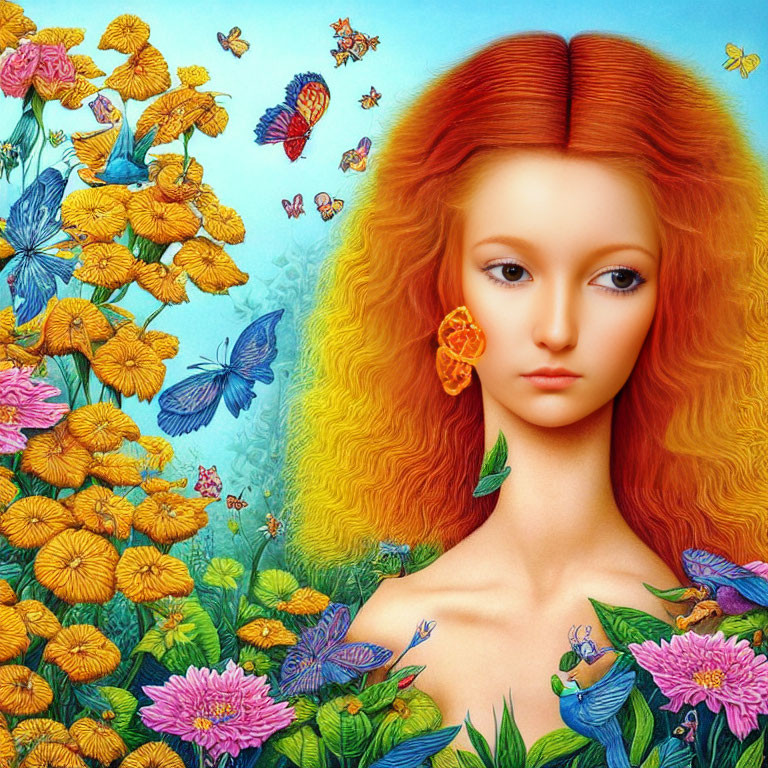 Vibrant surreal portrait: woman with red hair, flowers, butterflies on blue.
