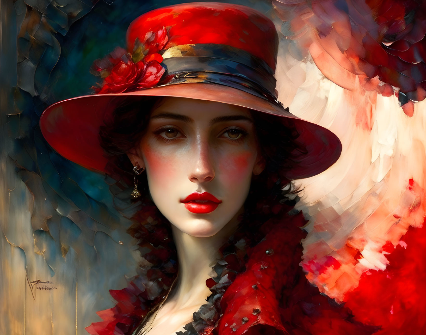 Woman Portrait: Striking Red Lips & Flower Hat on Abstract Background