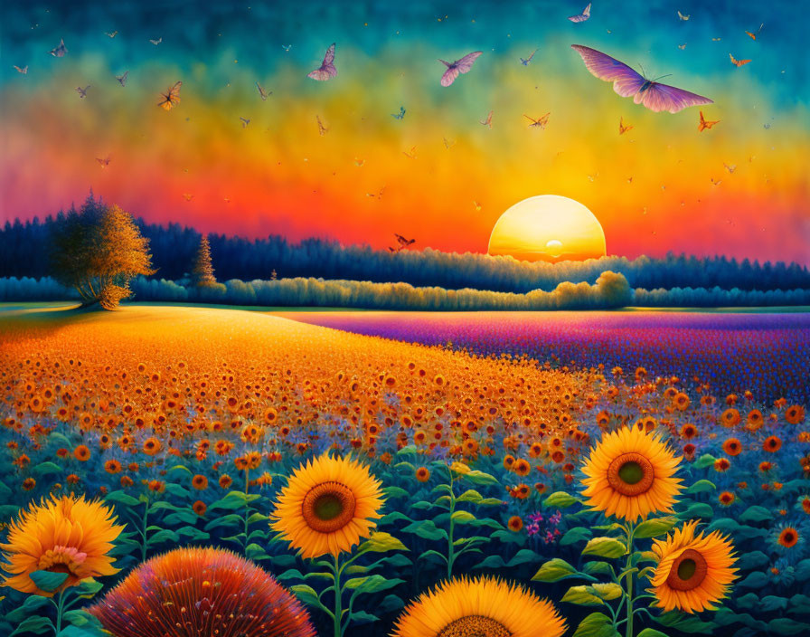 Colorful sunset sunflower field with birds and tree