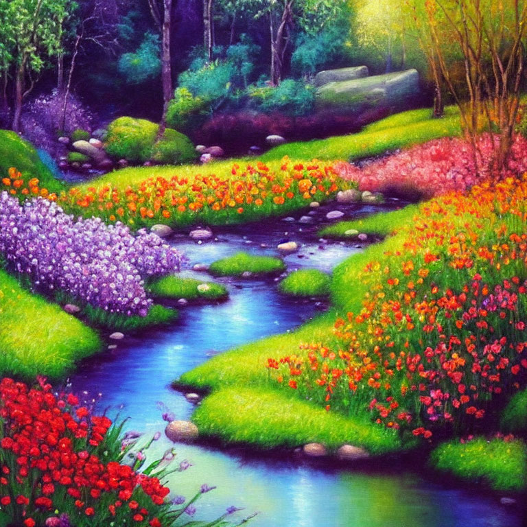 Colorful Painting of Serene Stream in Lush Garden