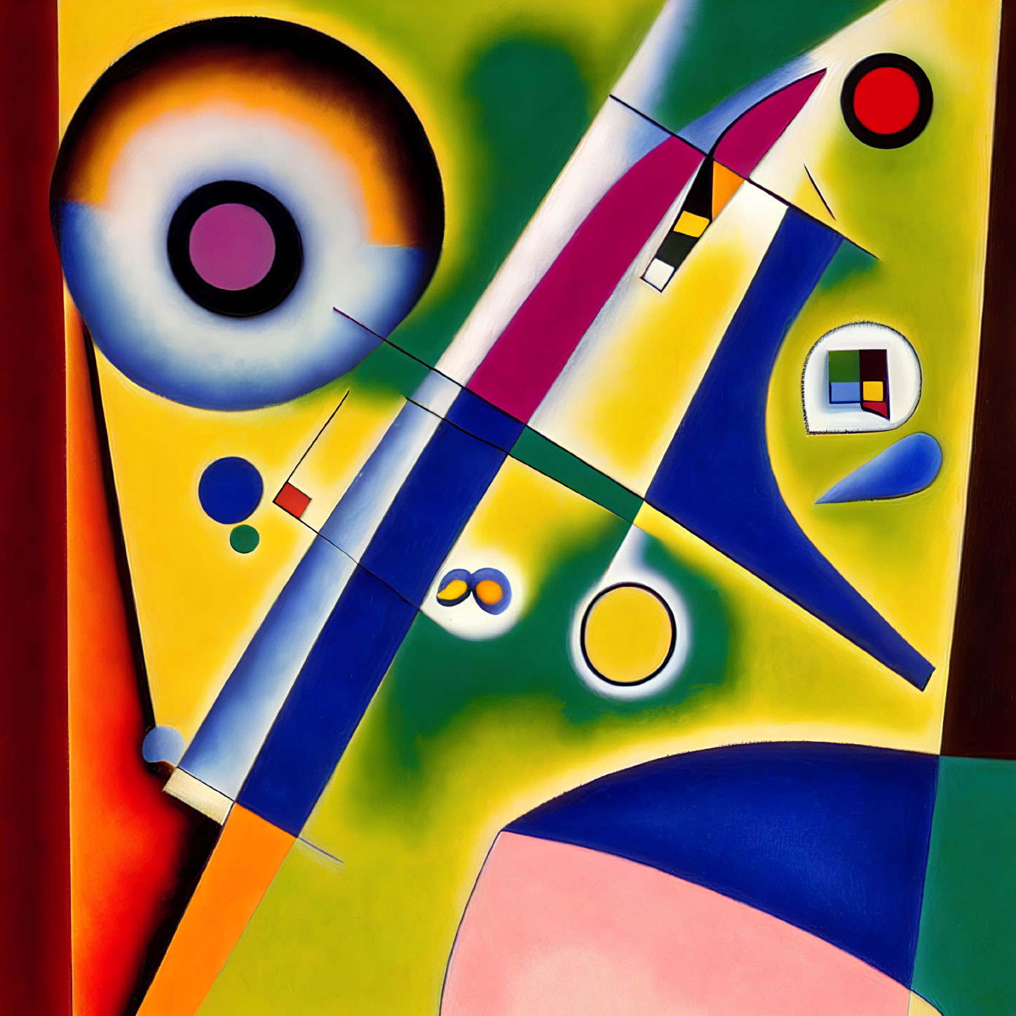Vibrant Abstract Painting: Geometric Shapes, Central Eye Motif, Intersecting Lines