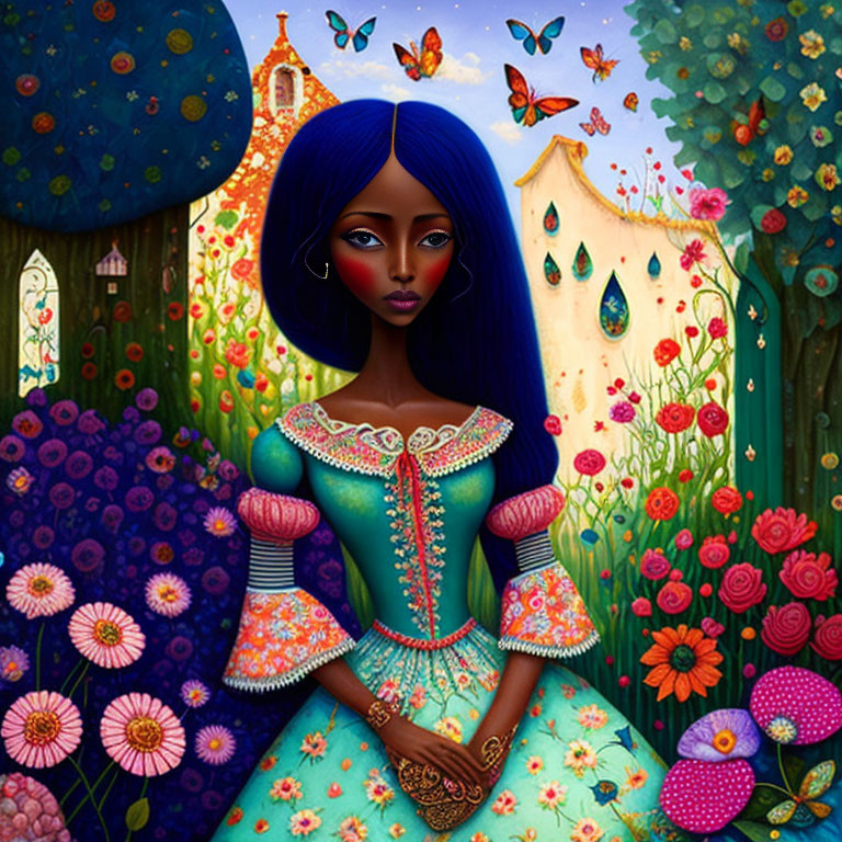 Vibrant illustration of woman with blue hair in colorful dress in whimsical garden
