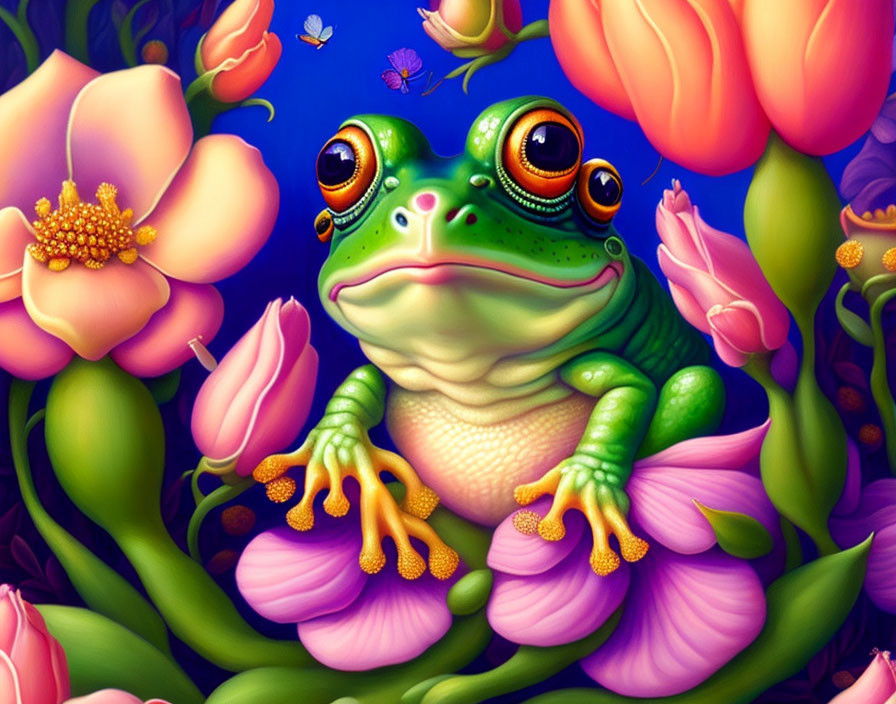 Colorful illustration: Green frog surrounded by flowers and foliage with insect