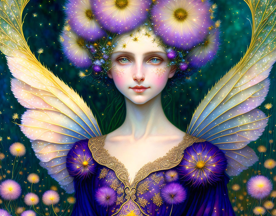 Fair-skinned fantasy creature with butterfly wings and violet eyes in a starry setting