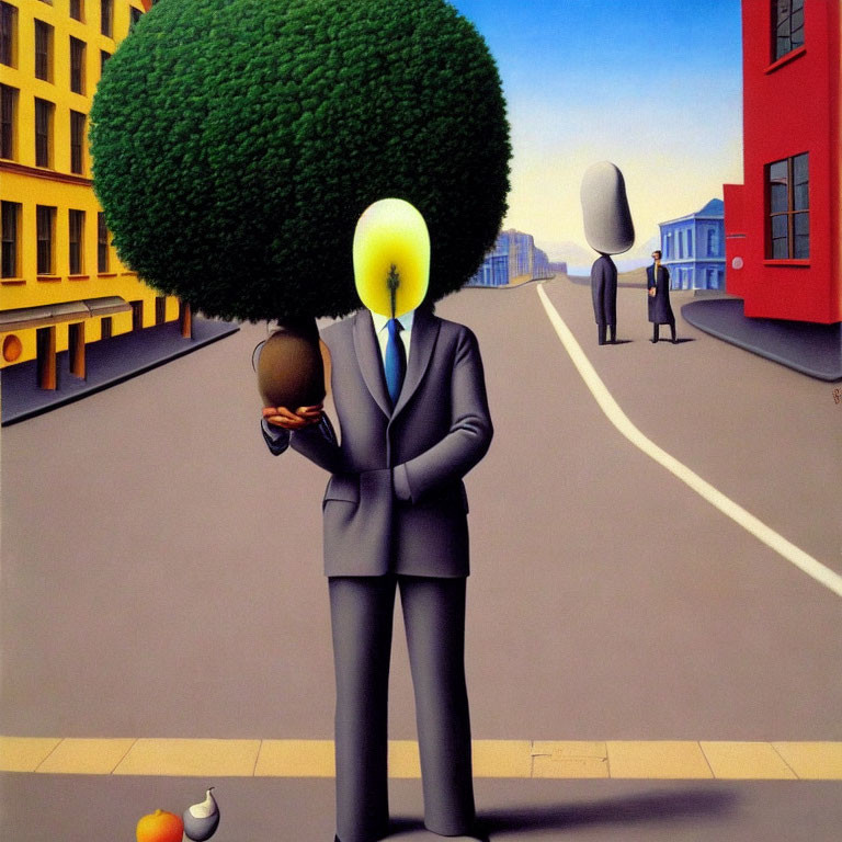 Surreal painting: figures in suits, egg-shaped heads, holding apple, skewed street perspective