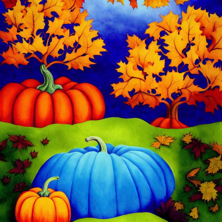 Colorful Fall Scene with Pumpkins, Maple Trees, and Blue Sky