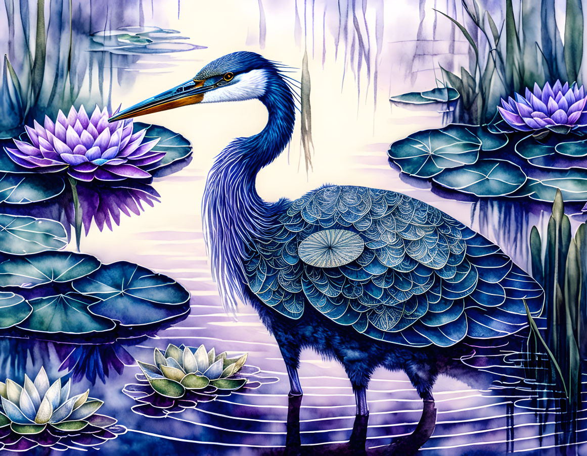 Detailed depiction of blue heron with lotus flowers in a watery setting