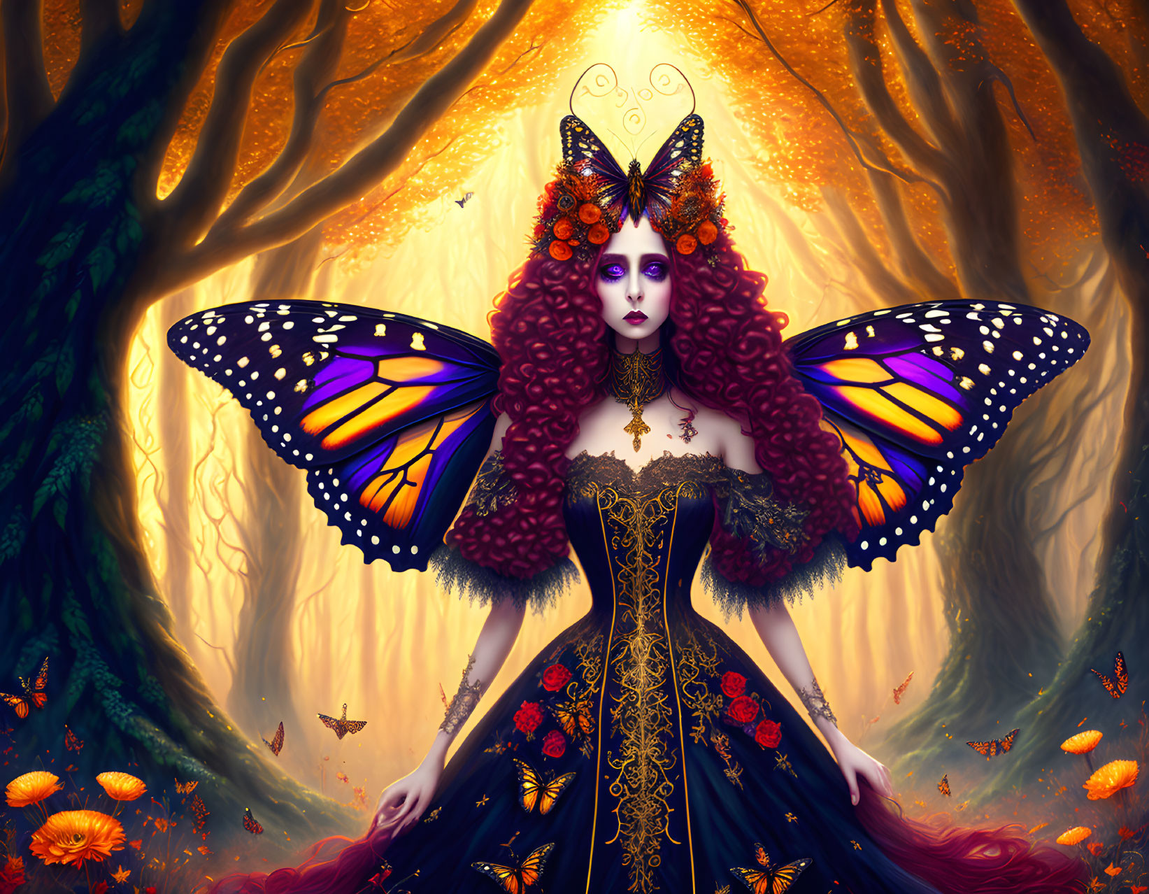 Mystical woman with butterfly wings in enchanted autumn forest