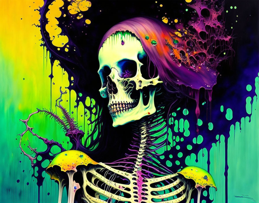 Colorful Human Skull and Skeleton Artwork in Psychedelic Pattern