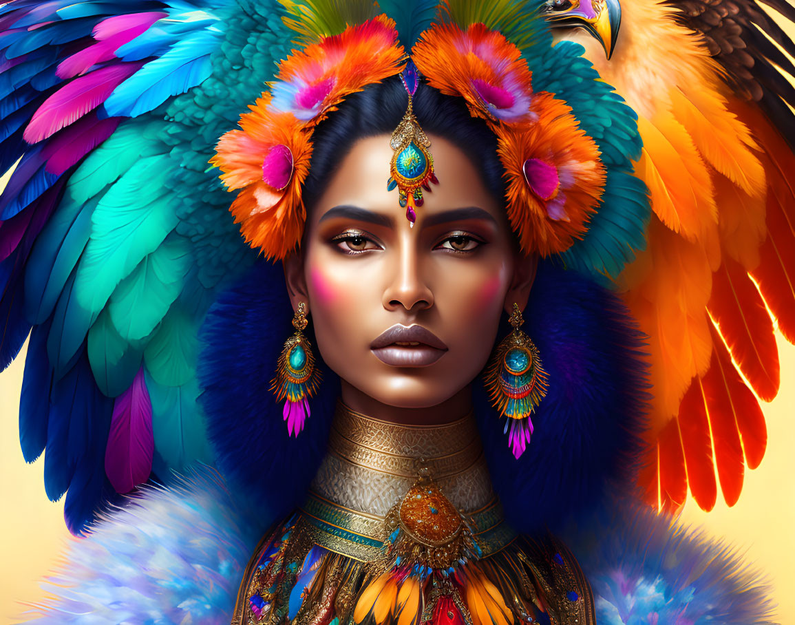 Vibrant feather headdress and striking makeup on regal woman