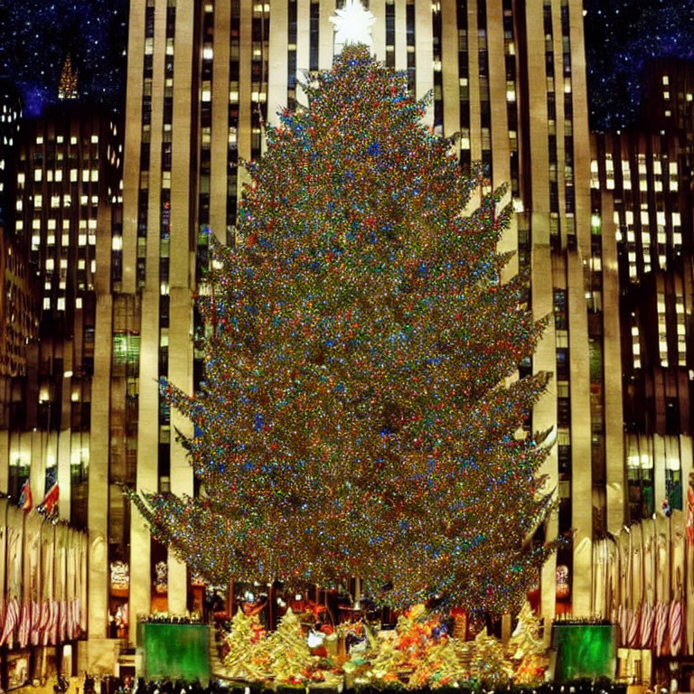 Multicolored Lights Christmas Tree in Plaza with International Flags