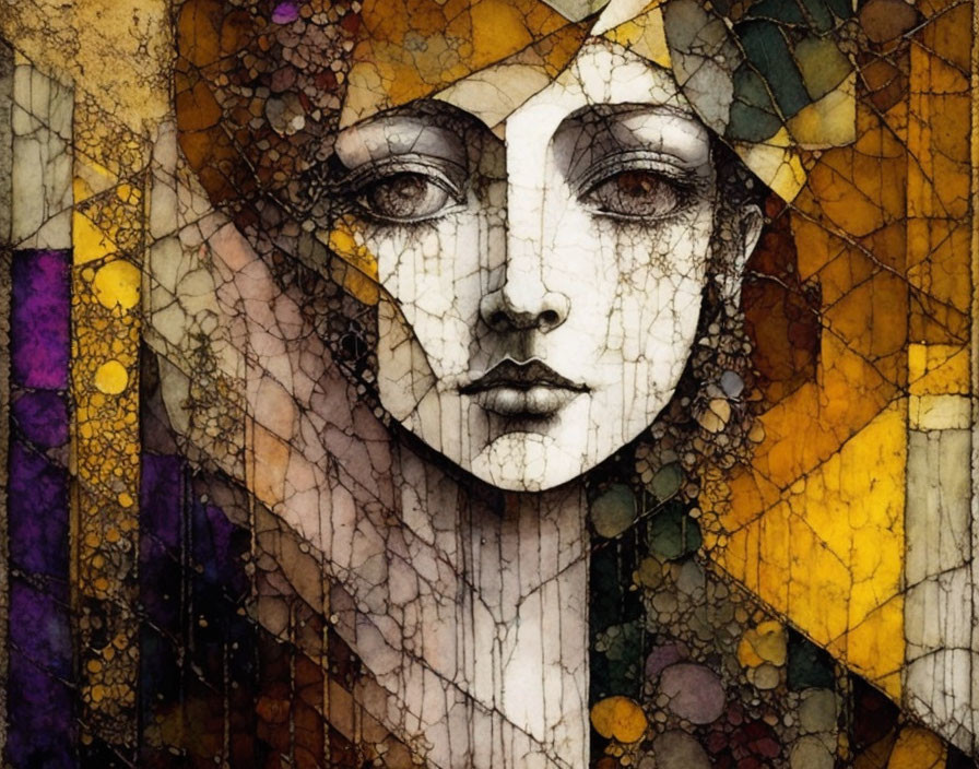 Mosaic-style portrait of a female face in yellow, purple, and brown tones