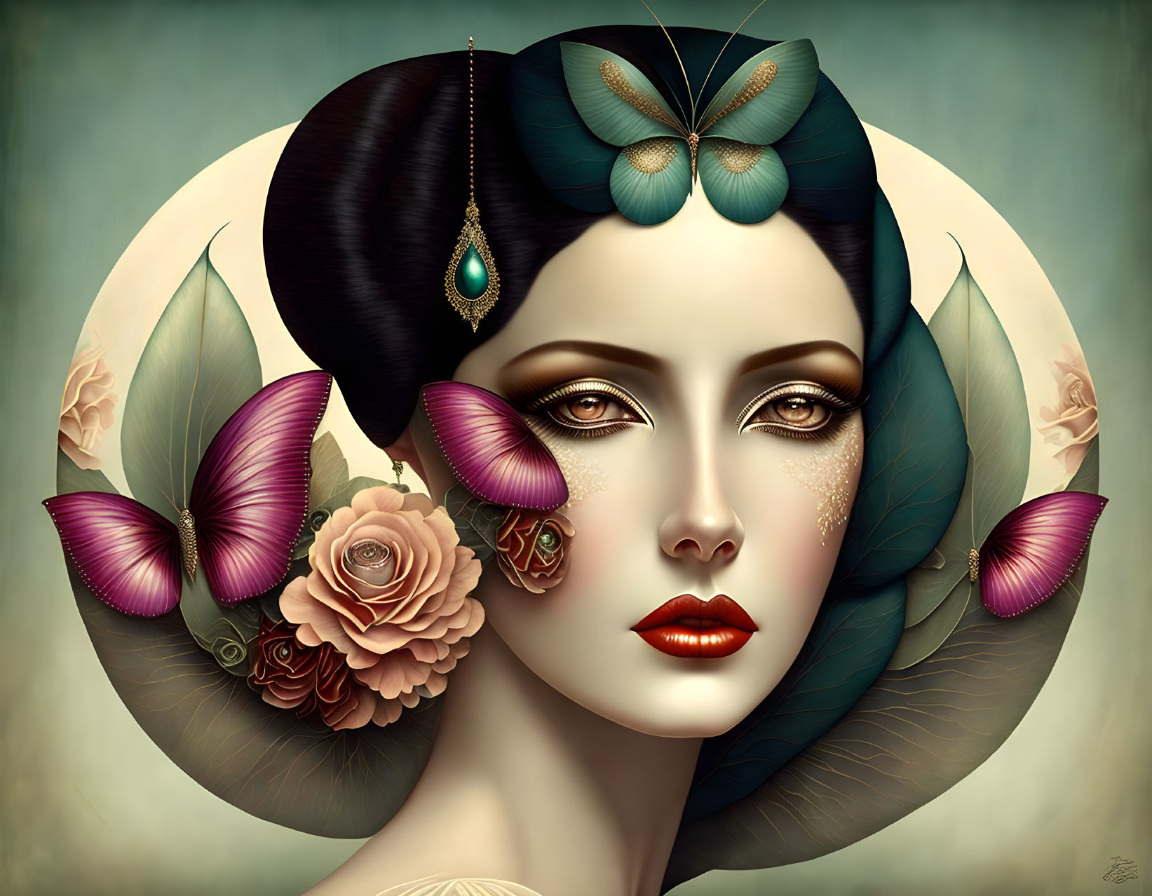 Stylized woman adorned with butterflies, flowers, and gem earring on pale background