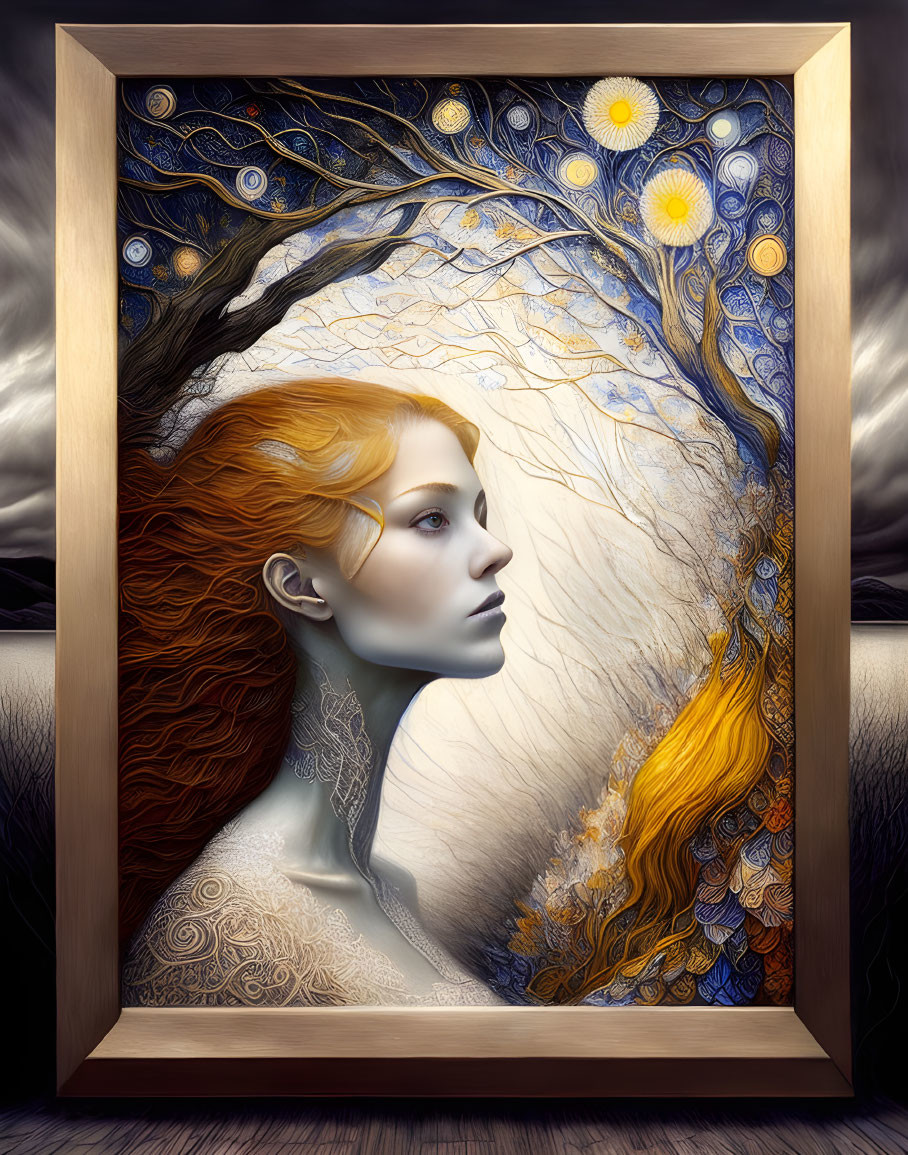 Woman's profile merging with tree: Swirling branches, vibrant suns, starry sky in wooden