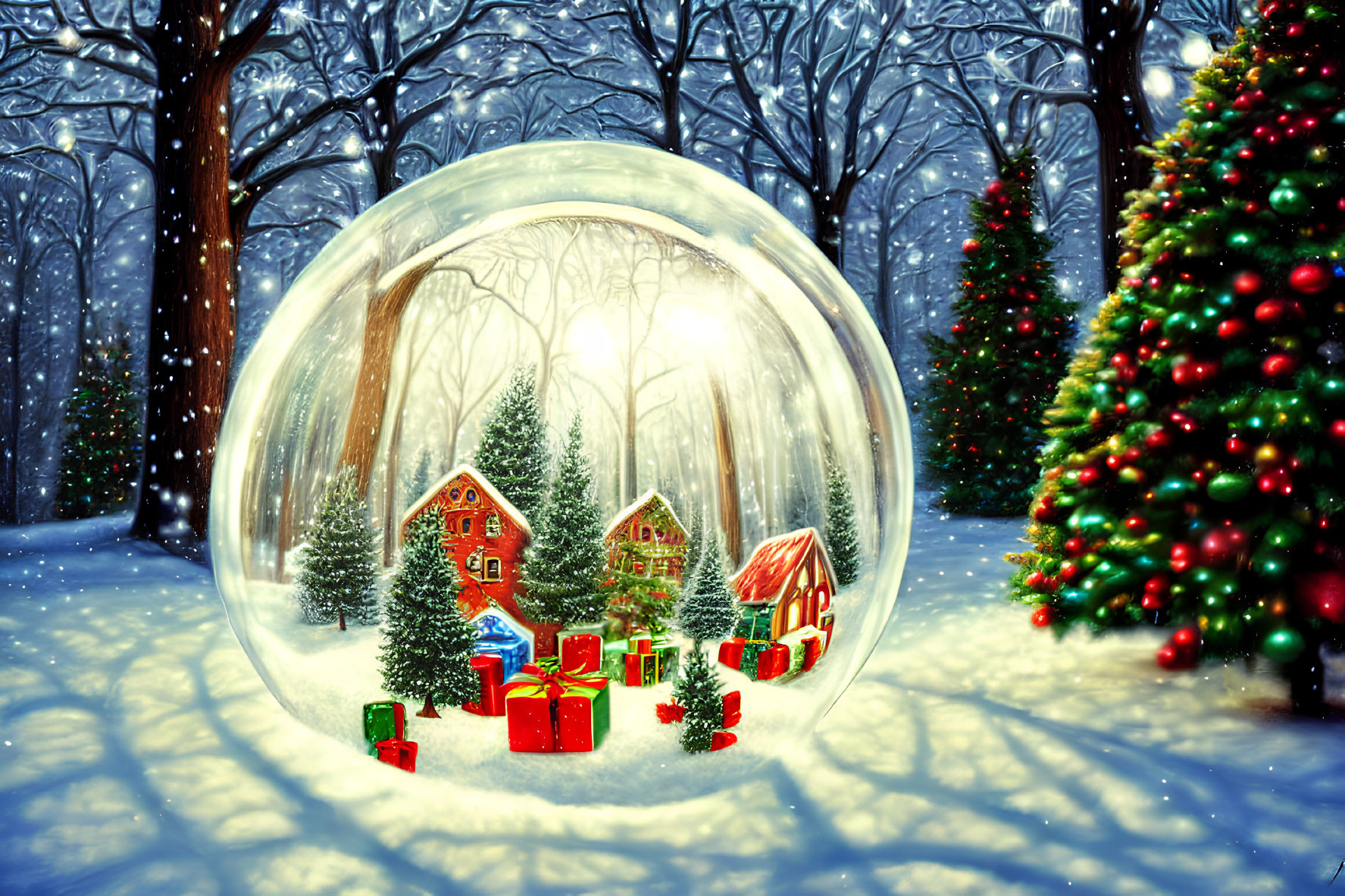 Detailed Snow Globe Scene with Miniature Houses and Christmas Tree