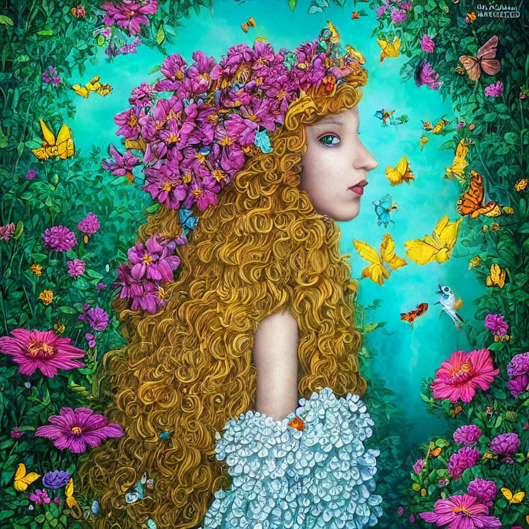 Woman with Long Golden Hair and Purple Flowers in Vibrant Garden