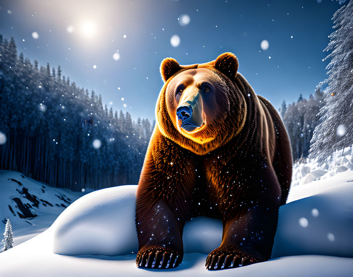 Brown bear in snowy forest under starry sky