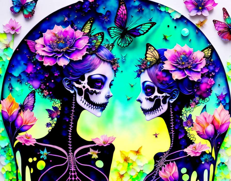 Vibrant Day of the Dead skeleton art with floral and butterfly motifs on aurora backdrop