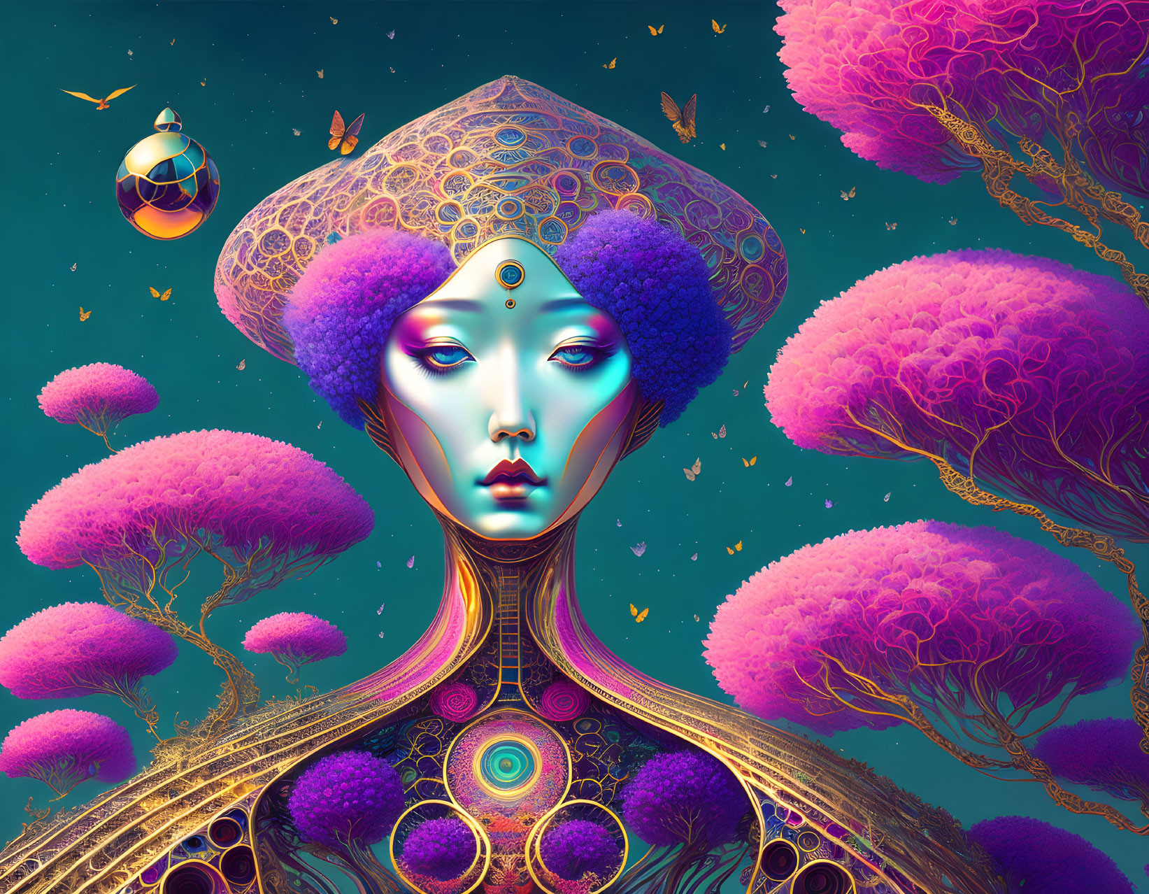 Surreal digital artwork of female figure with headdress in purple tree landscape