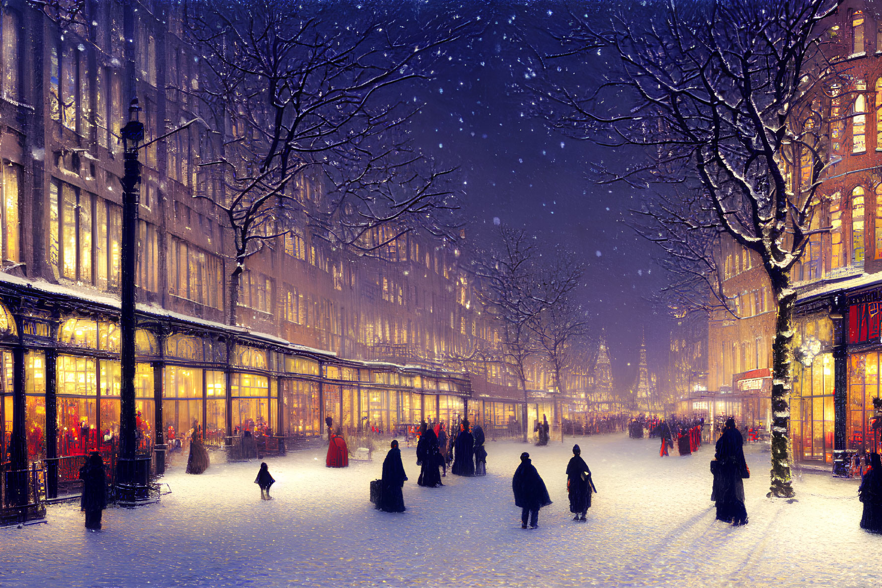 Winter night scene: City street with warm lights, snowfall, and people walking