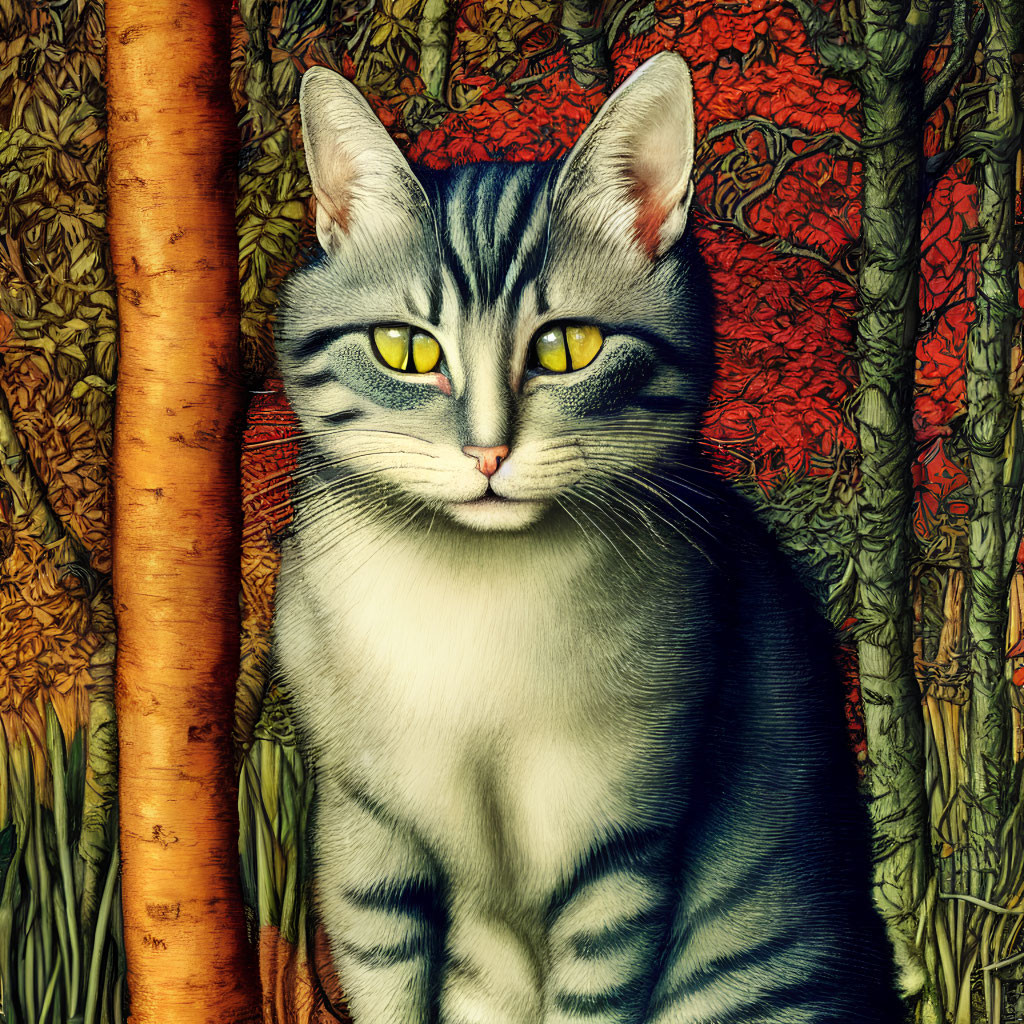 Gray Striped Cat with Yellow Eyes in Floral Setting