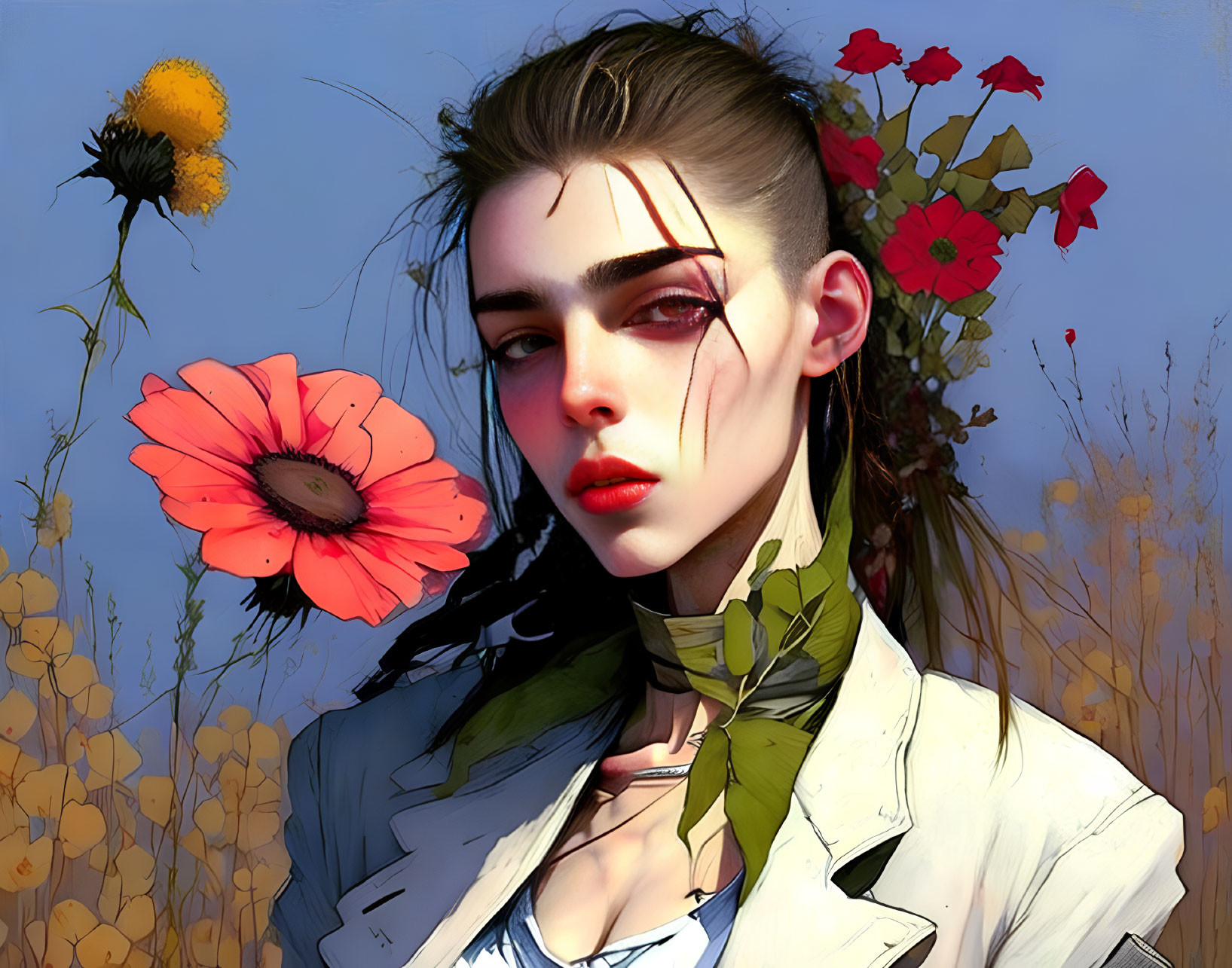 Stylized portrait of woman with striking makeup in vibrant wildflower setting